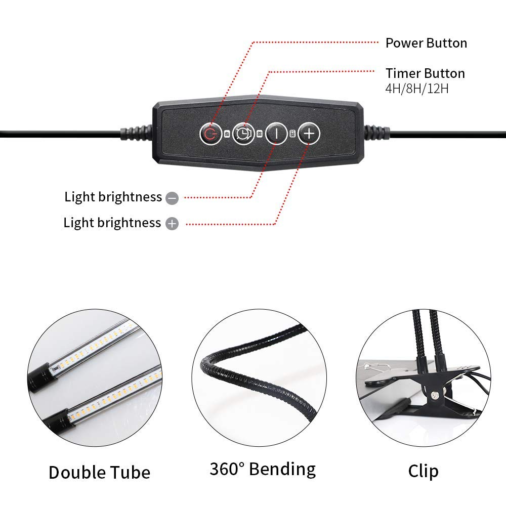 Lámpara de cultivo LED GooingTop, espectro completo 6000K, LEDs blancos y rojos. Regulable a 5 niveles, temporizador automático 4/8/12 hrs. Ideal para plantas interiores.