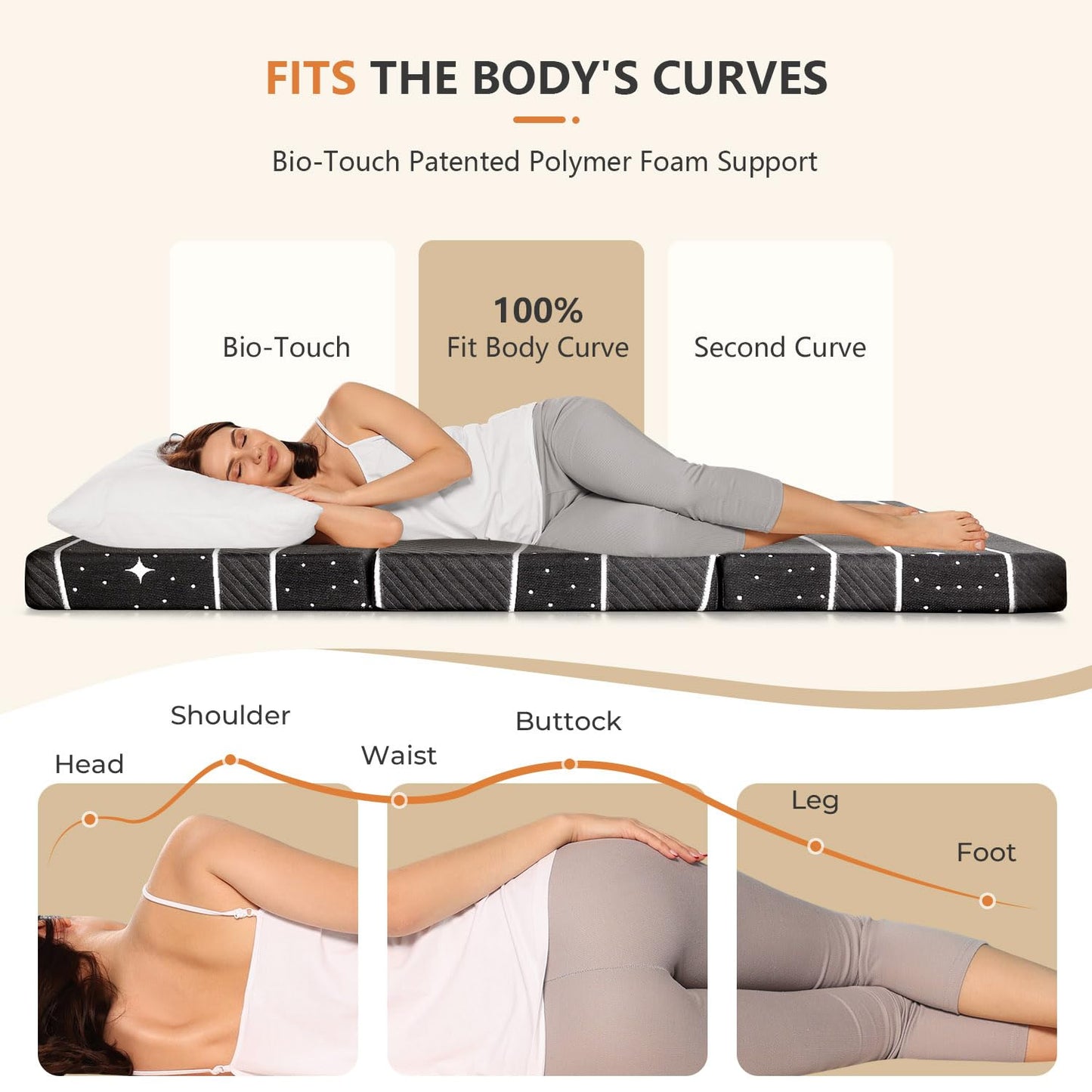 Colchón Plegable - Colchón Tri-Fold de 4 pulgadas Twin XL con Funda Transpirable y Lavable | Cama para Huéspedes Plegable para Camping/Viajes | Diseño Estrellado