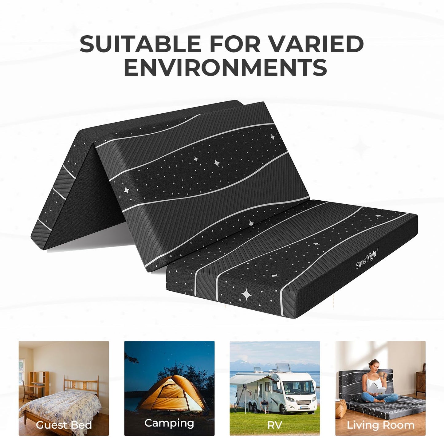 Colchón Plegable - Colchón Tri-Fold de 4 pulgadas Twin XL con Funda Transpirable y Lavable | Cama para Huéspedes Plegable para Camping/Viajes | Diseño Estrellado