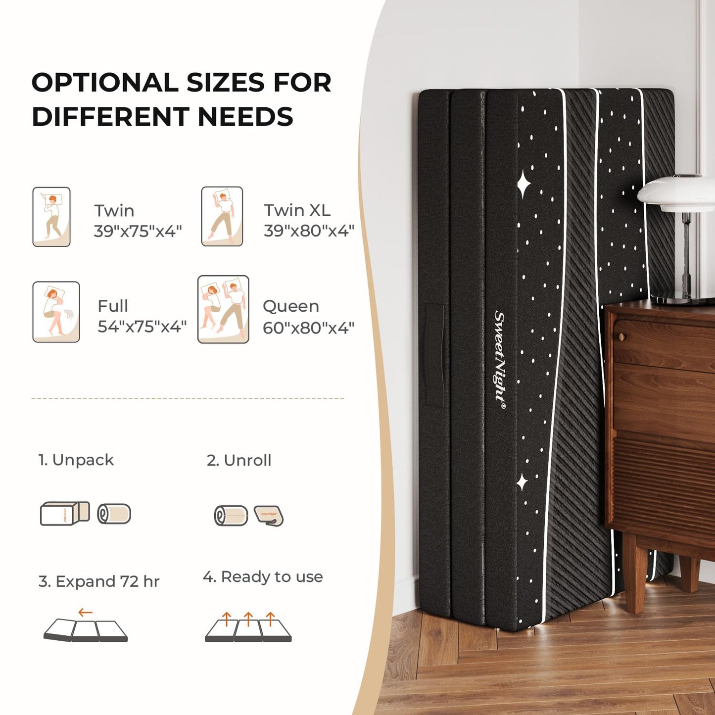 Colchón Plegable - Colchón Tri-Fold de 4 pulgadas Twin XL con Funda Transpirable y Lavable | Cama para Huéspedes Plegable para Camping/Viajes | Diseño Estrellado