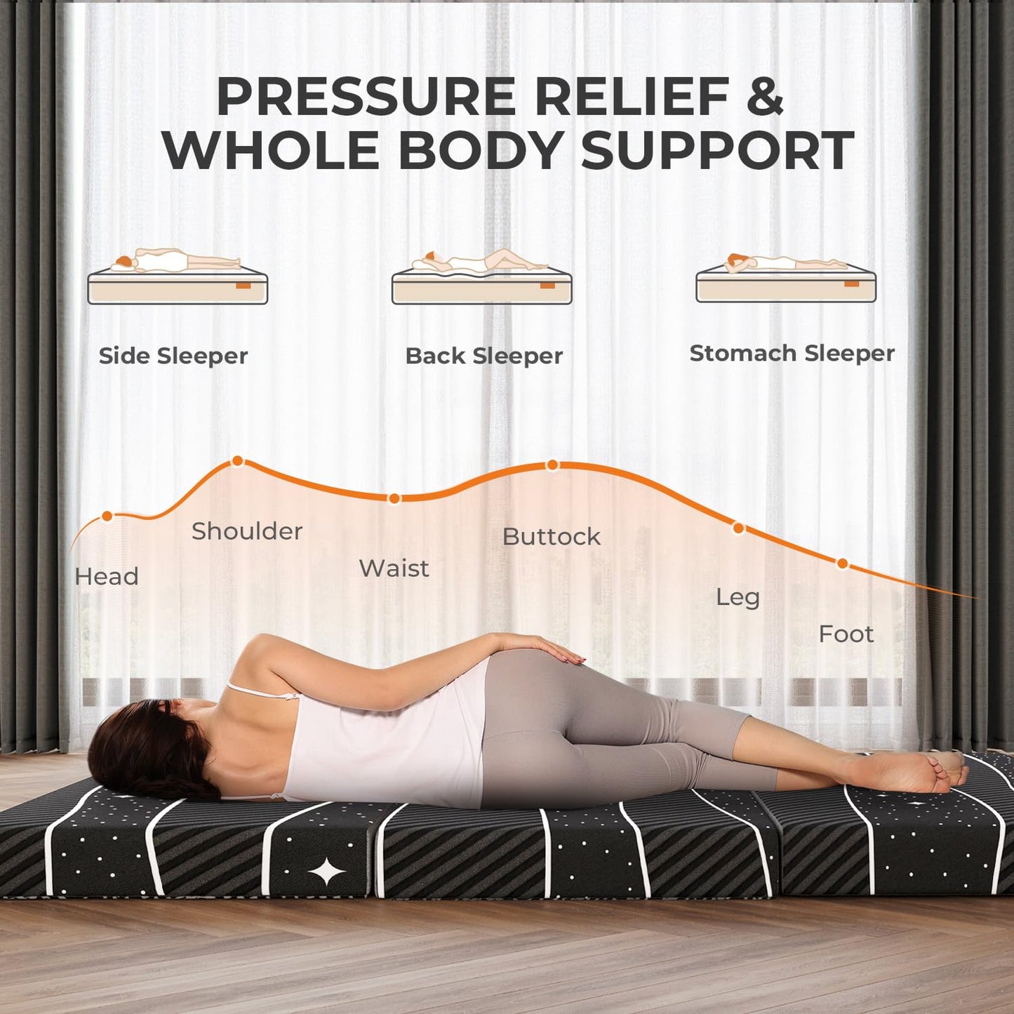 Colchón Plegable - Colchón Tri-Fold de 4 pulgadas Twin XL con Funda Transpirable y Lavable | Cama para Huéspedes Plegable para Camping/Viajes | Diseño Estrellado