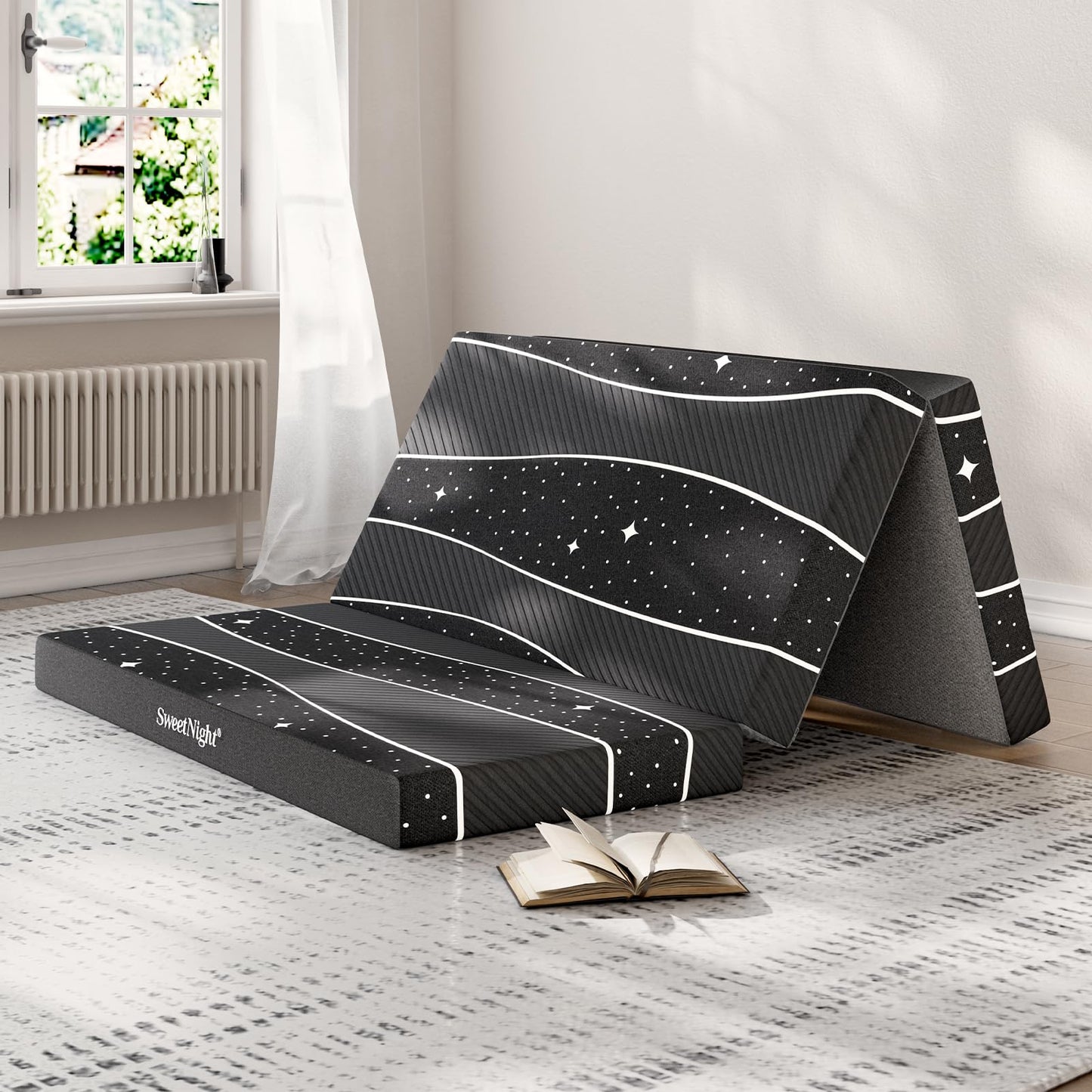 Colchón Plegable - Colchón Tri-Fold de 4 pulgadas Twin XL con Funda Transpirable y Lavable | Cama para Huéspedes Plegable para Camping/Viajes | Diseño Estrellado