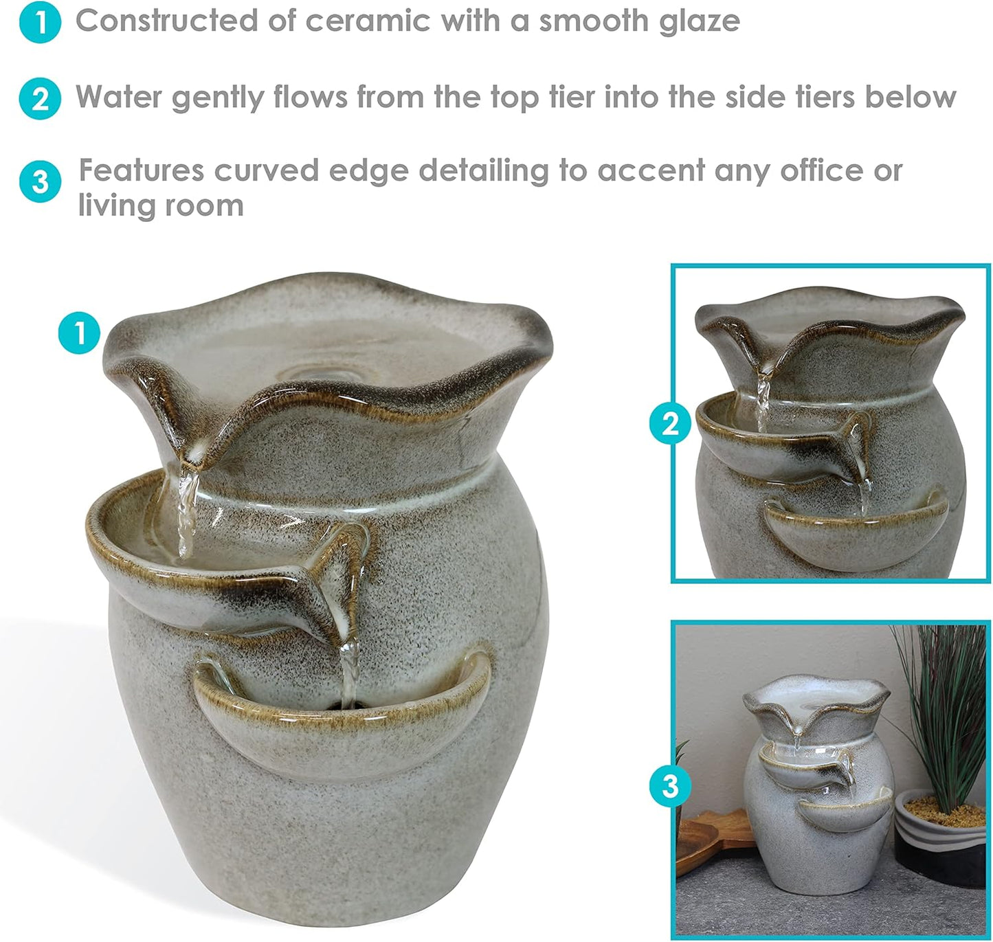 Fuente de Mesa Interior de Cerámica de 8 Pulgadas con Niveles Laterales en Cascada