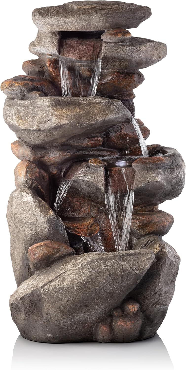 Outdoor Floor 4-Tiered Rock Water Fountain with Natural Stone Look, 40"