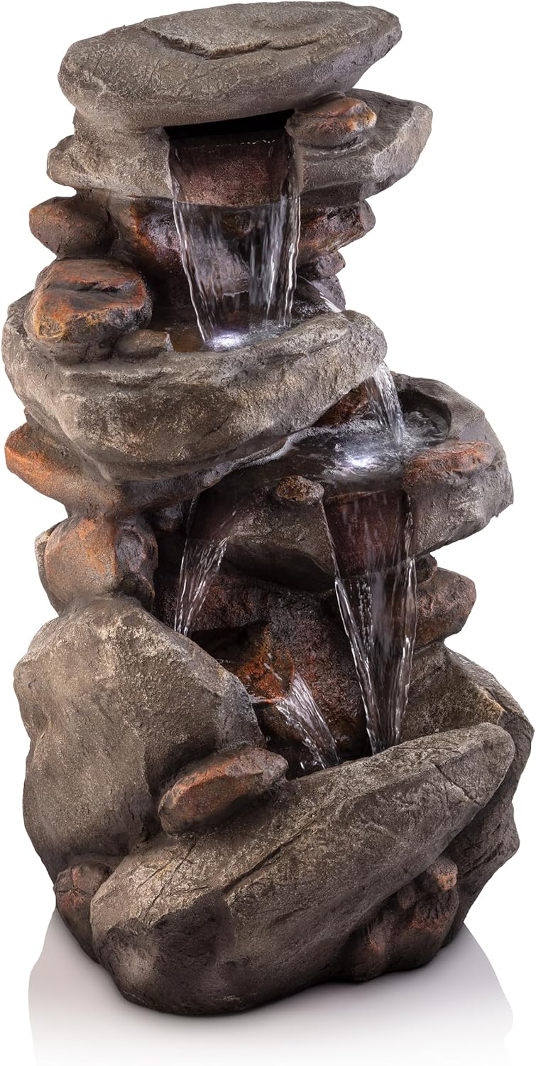 Outdoor Floor 4-Tiered Rock Water Fountain with Natural Stone Look, 40"