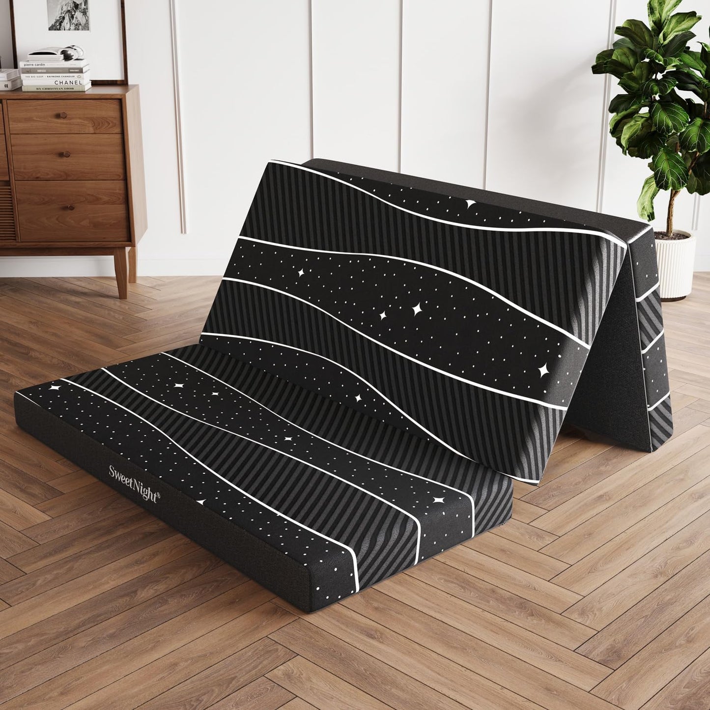 Colchón Plegable - Colchón Tri-Fold de 4 pulgadas Twin XL con Funda Transpirable y Lavable | Cama para Huéspedes Plegable para Camping/Viajes | Diseño Estrellado