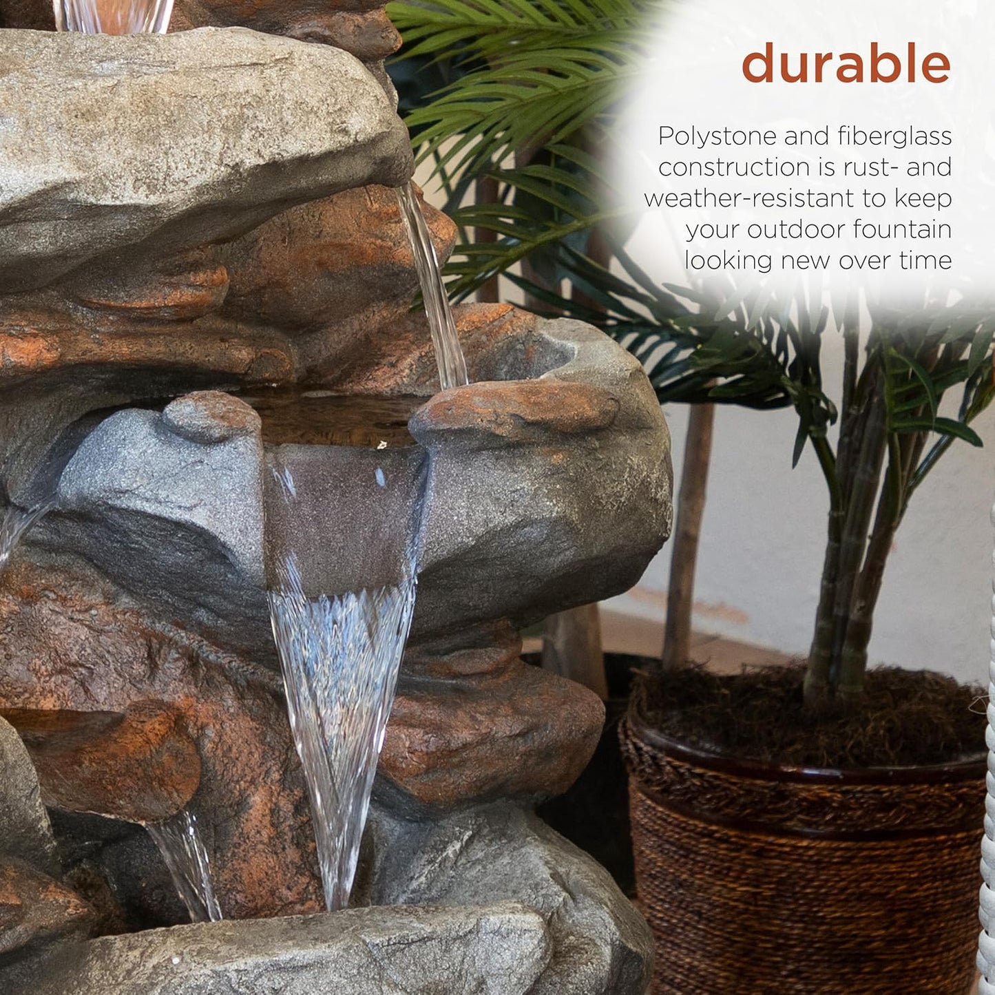 Outdoor Floor 4-Tiered Rock Water Fountain with Natural Stone Look, 40"