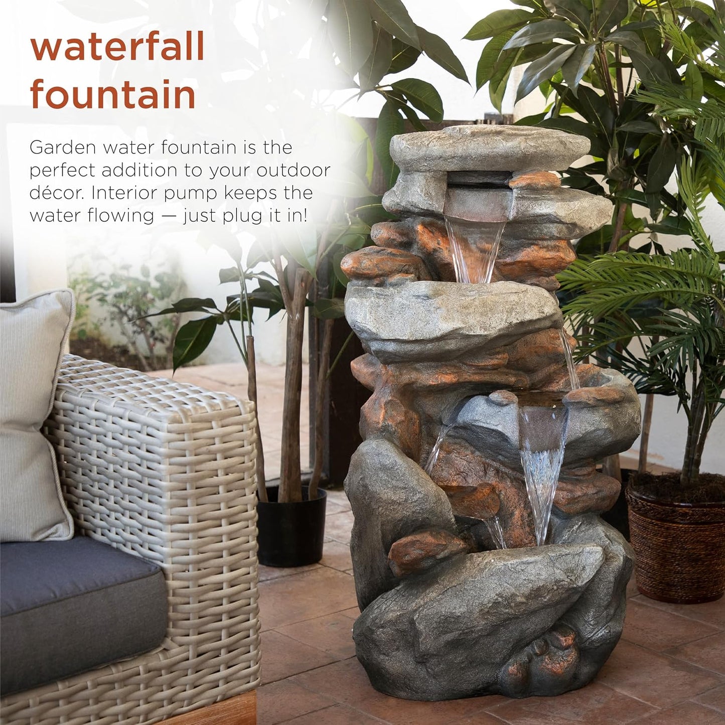 Outdoor Floor 4-Tiered Rock Water Fountain with Natural Stone Look, 40"