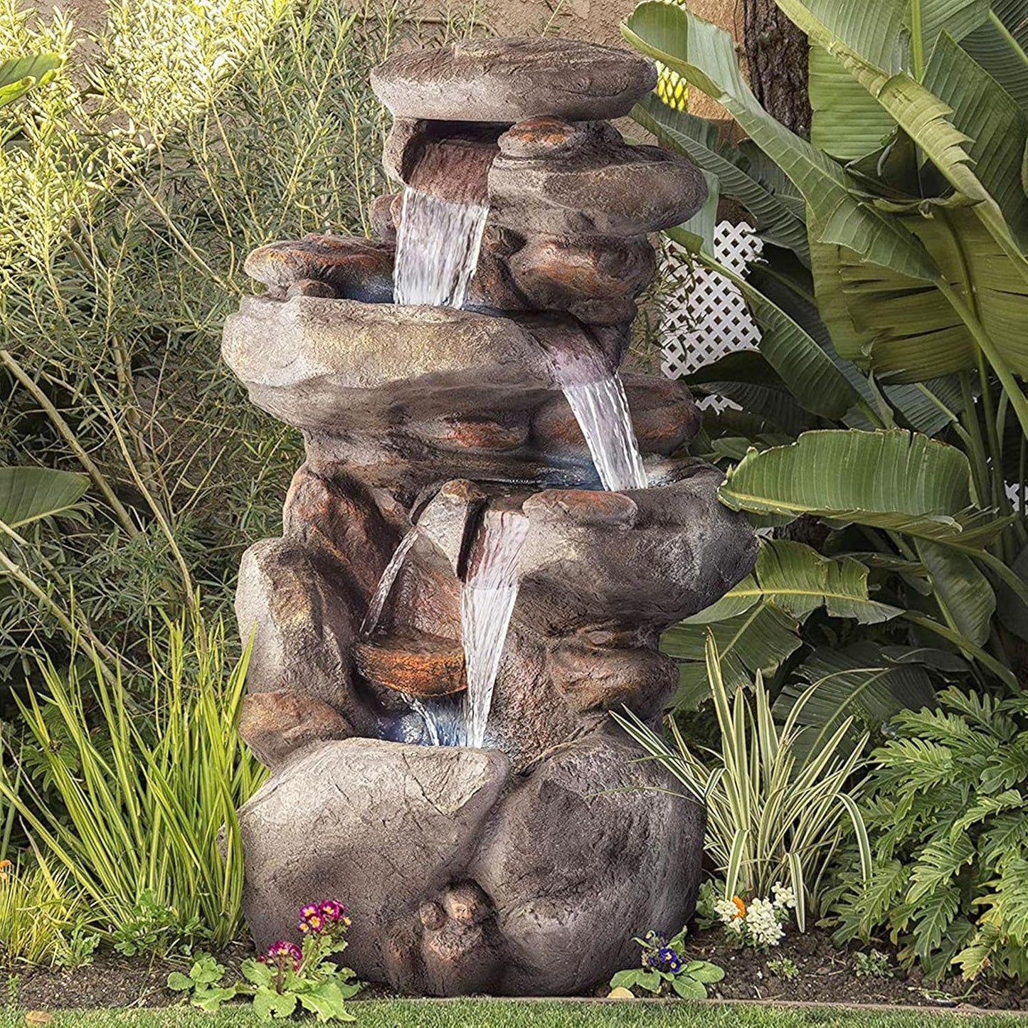 Outdoor Floor 4-Tiered Rock Water Fountain with Natural Stone Look, 40"