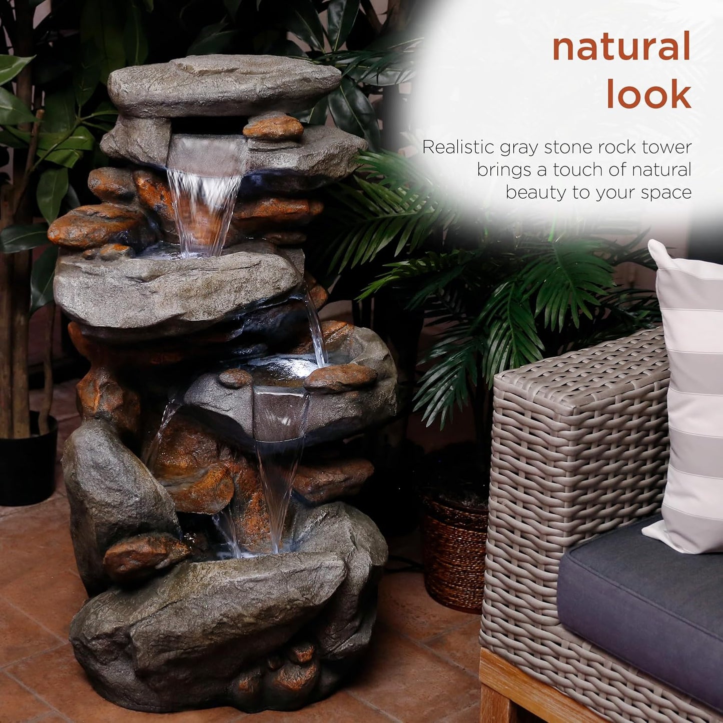 Outdoor Floor 4-Tiered Rock Water Fountain with Natural Stone Look, 40"