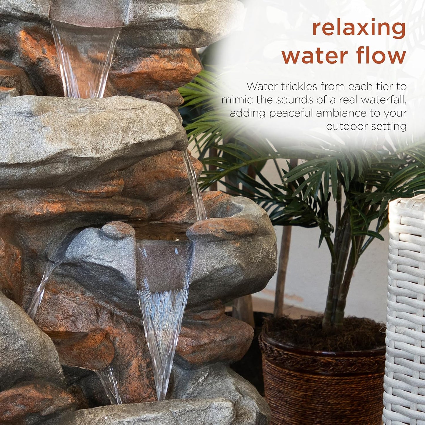 Outdoor Floor 4-Tiered Rock Water Fountain with Natural Stone Look, 40"