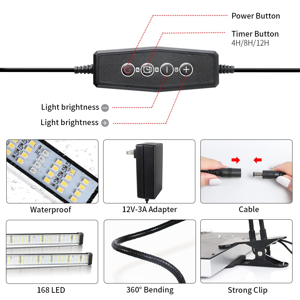 GooingTop LED Grow Light,6000K Full Spectrum Clip Plant Growing Lamp with White Red LEDs for Indoor Plants,5-Level Dimmable,Auto On Off Timing 4 8 12Hrs