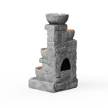 Cascading Bowls and Stacked Stones LED Outdoor Water Fountain 33.25 in.