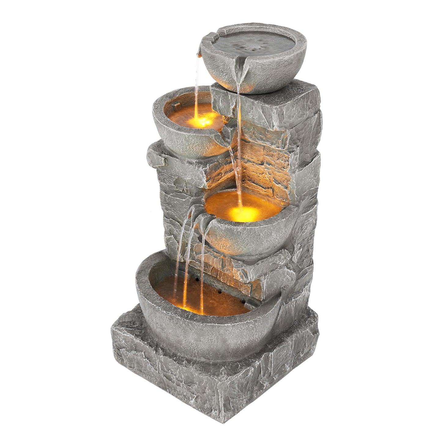 Cascading Bowls and Stacked Stones LED Outdoor Water Fountain 33.25 in.