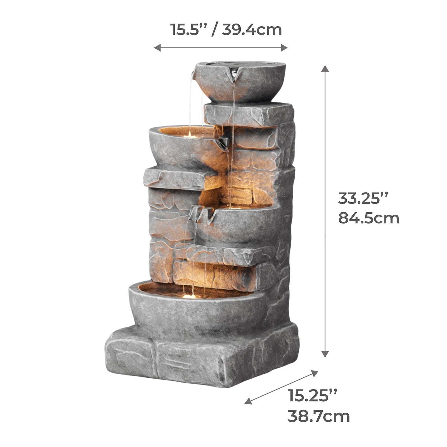 Cascading Bowls and Stacked Stones LED Outdoor Water Fountain 33.25 in.