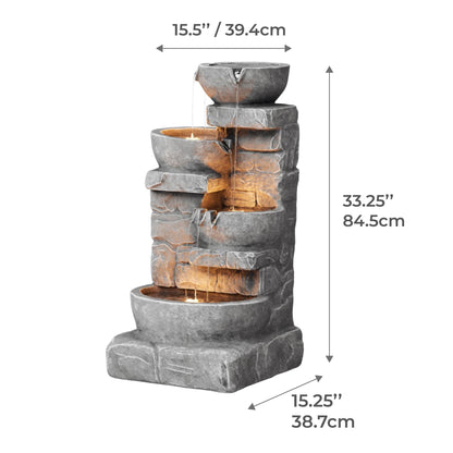 Cascading Bowls and Stacked Stones LED Outdoor Water Fountain 33.25 in.