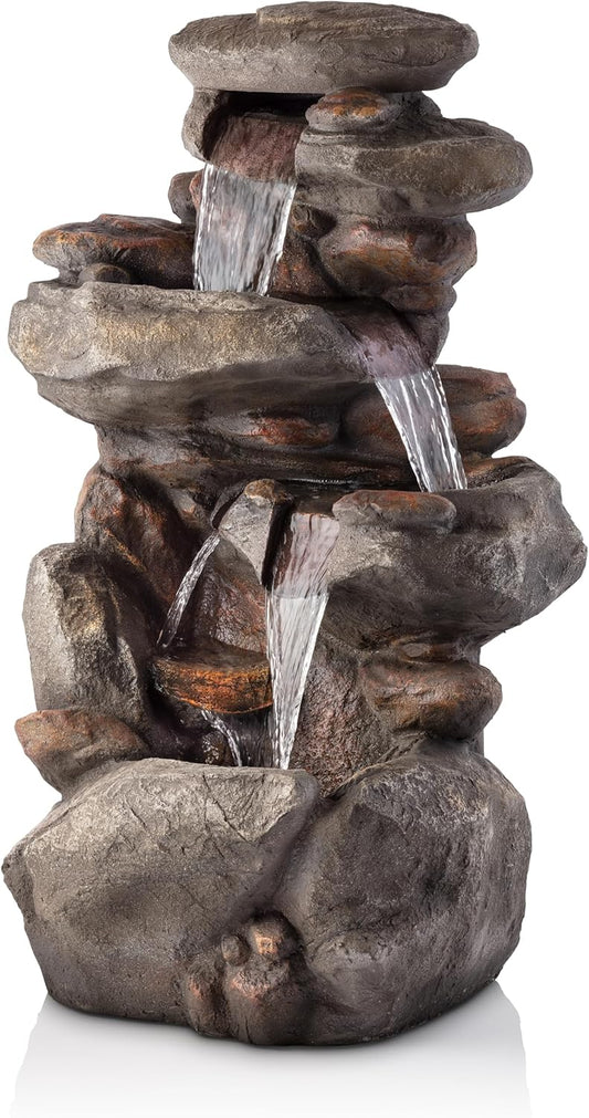 Outdoor Floor 4-Tiered Rock Water Fountain with Natural Stone Look, 40"