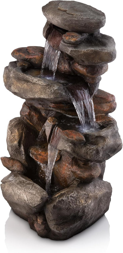 Outdoor Floor 4-Tiered Rock Water Fountain with Natural Stone Look, 40"