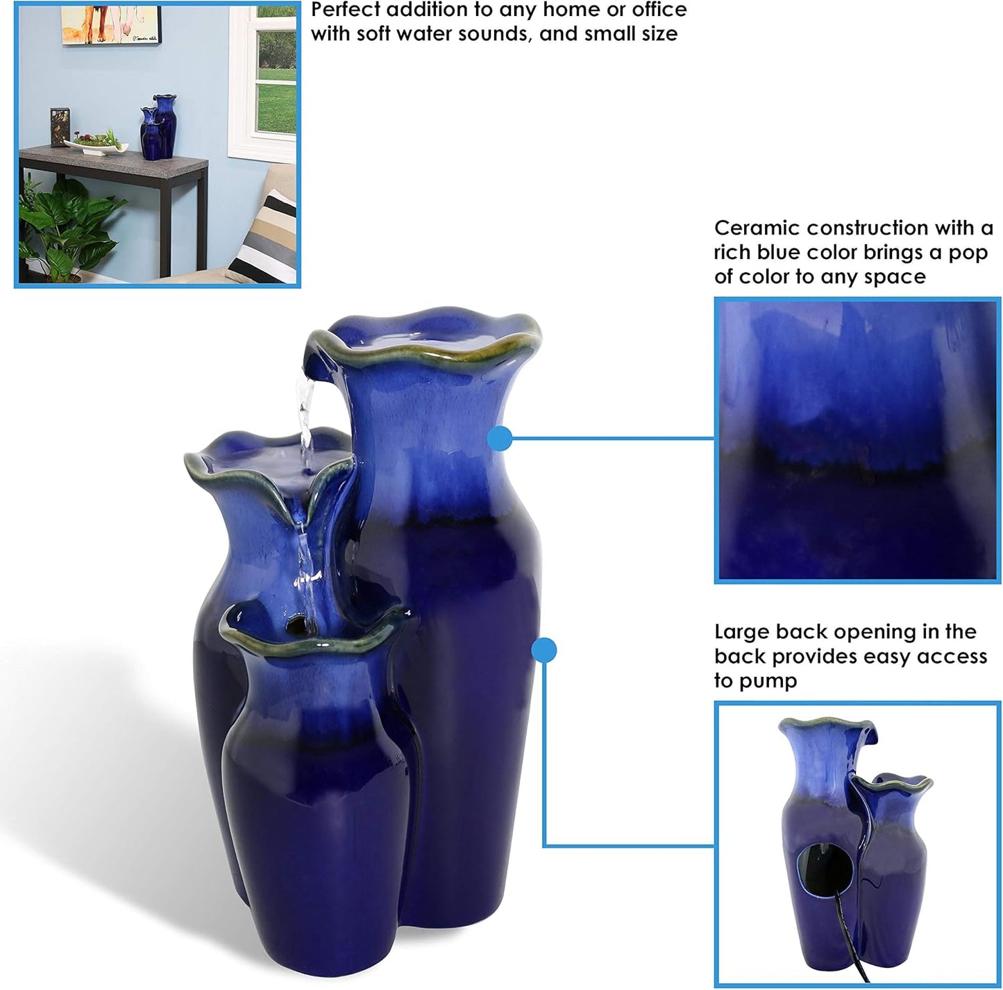 Glazed Pitchers 11-Inch Blue Ceramic Indoor Tabletop Fountain