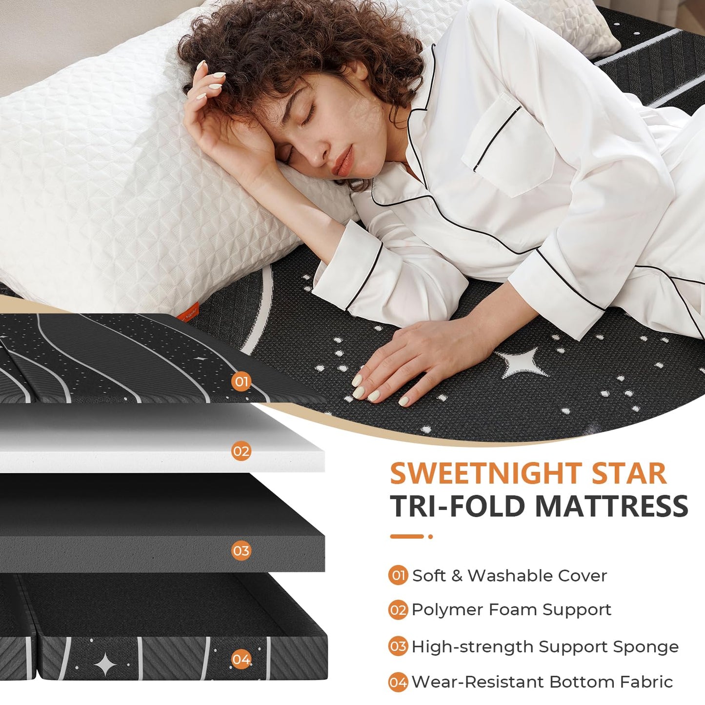 Folding Mattress - 4-inch Twin XL Tri-Fold Mattress with Breathable & Washable Cover | Foldable Mattress Guest Bed for Camping/Travel | Starry Sky Design