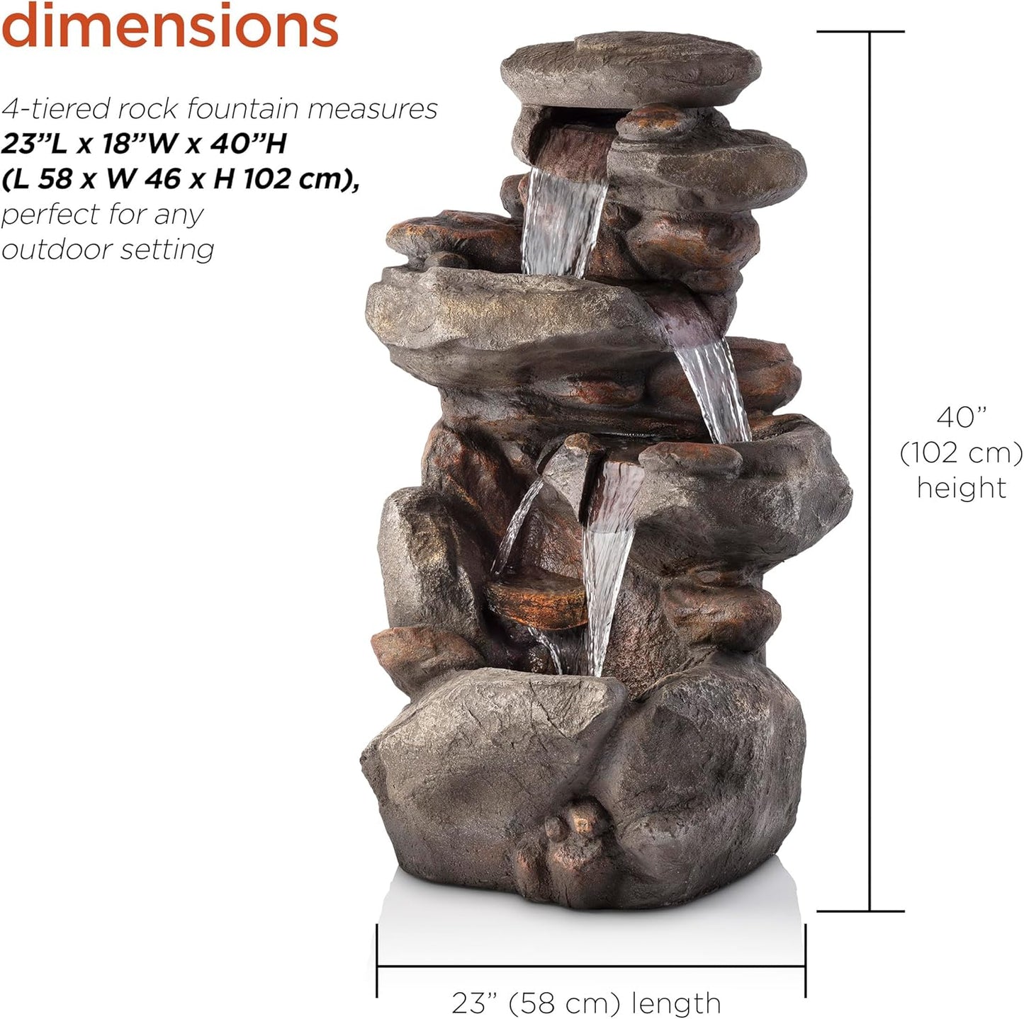 Outdoor Floor 4-Tiered Rock Water Fountain with Natural Stone Look, 40"