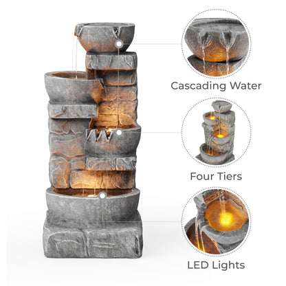 Cascading Bowls and Stacked Stones LED Outdoor Water Fountain 33.25 in.