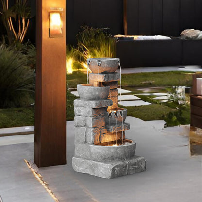 Cascading Bowls and Stacked Stones LED Outdoor Water Fountain 33.25 in.