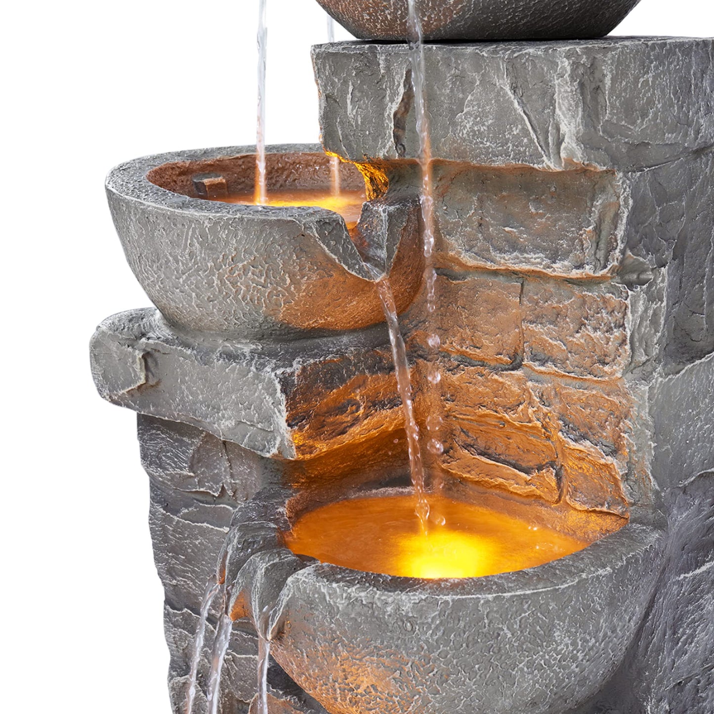 Cascading Bowls and Stacked Stones LED Outdoor Water Fountain 33.25 in.