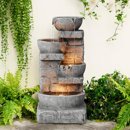 Cascading Bowls and Stacked Stones LED Outdoor Water Fountain 33.25 in.