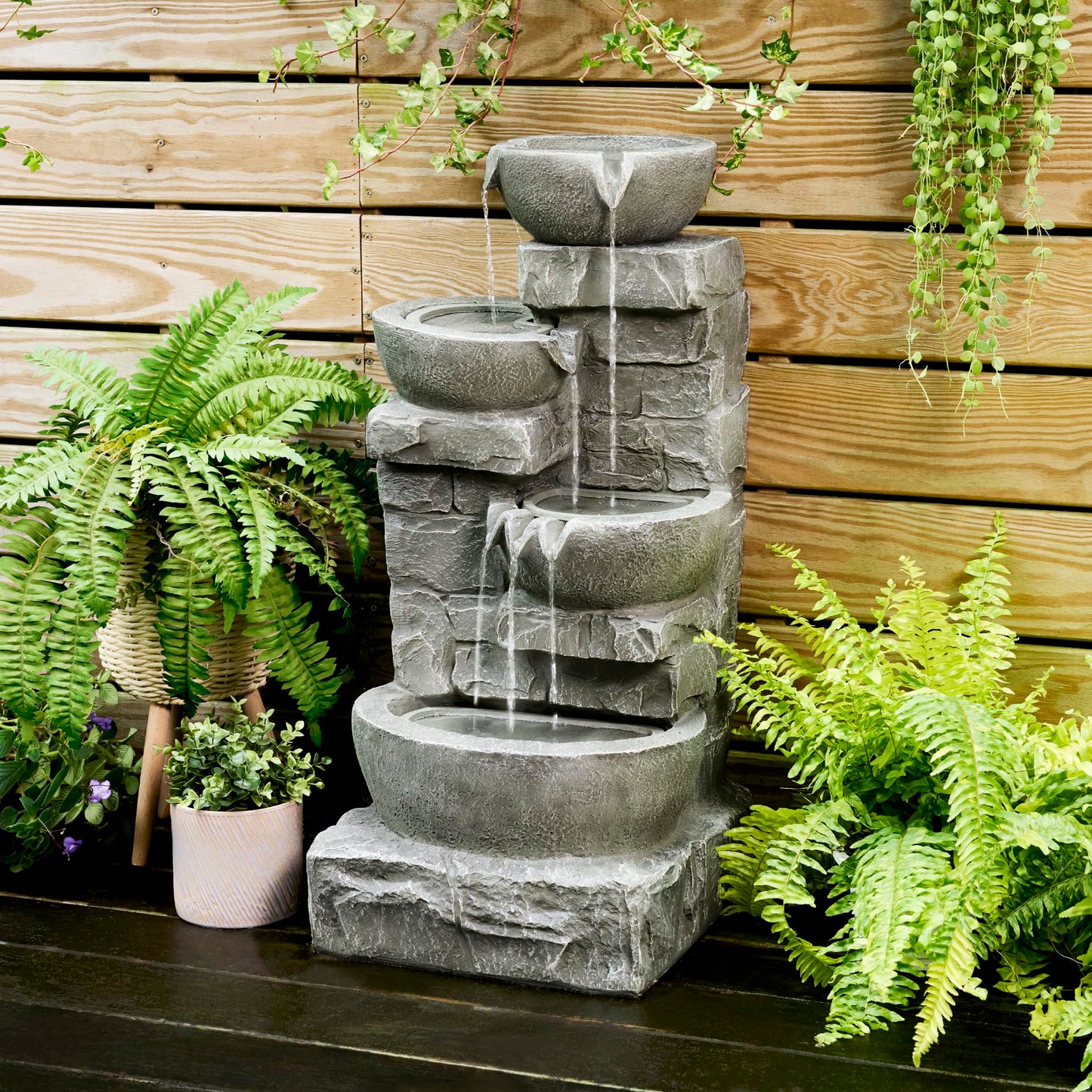 Cascading Bowls and Stacked Stones LED Outdoor Water Fountain 33.25 in.